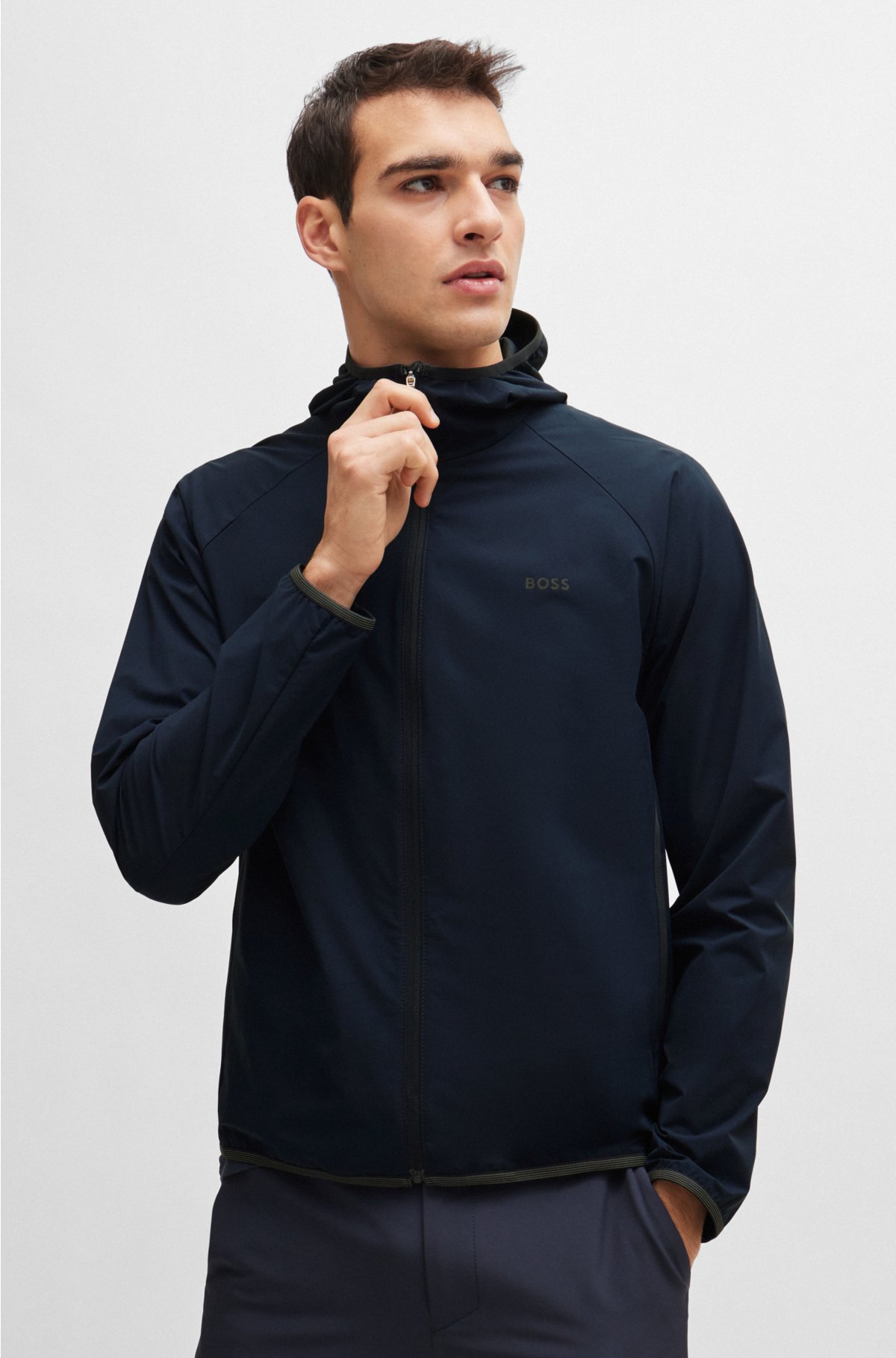 Slim-fit jacket in water-repellent fabric with logo, Dark Blue