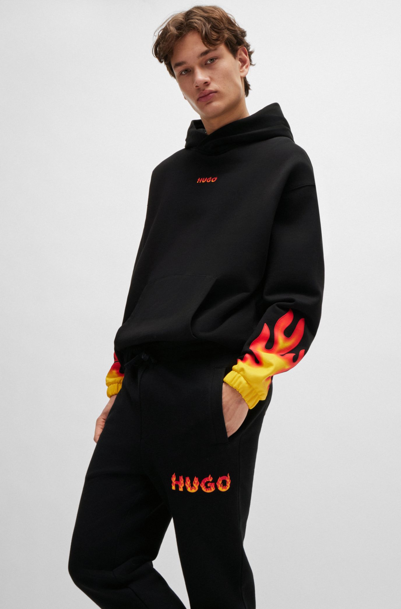 HUGO Cotton terry tracksuit bottoms with puffed flame logo