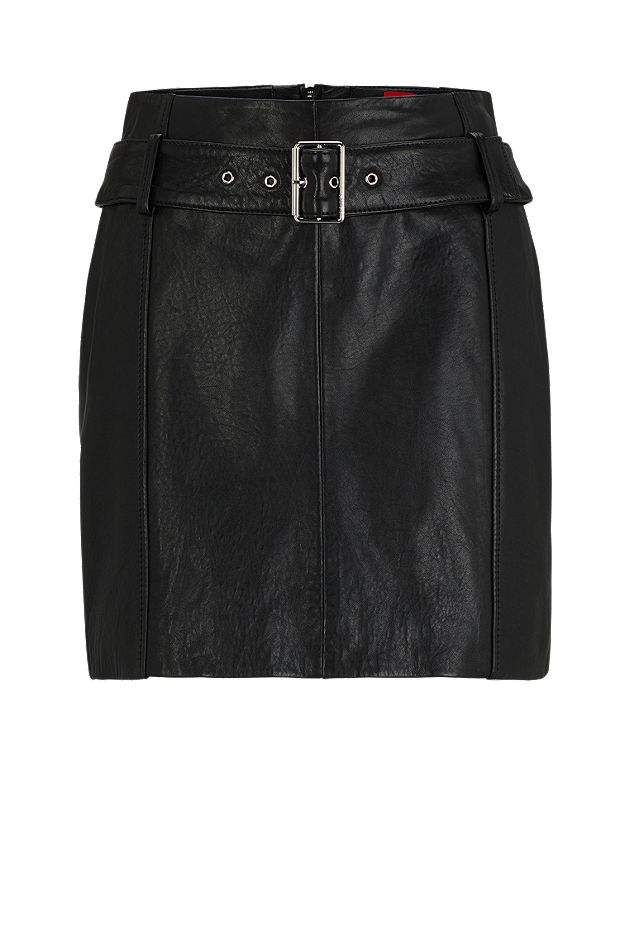 Leather mini skirt with buckled belt, Black
