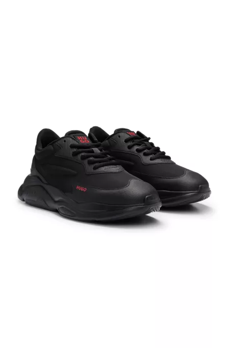 Mixed-material lace-up trainers with faux leather