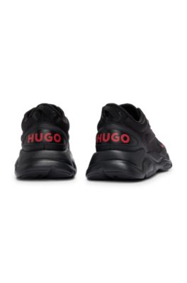 Mixed-material lace-up trainers with faux leather, Black