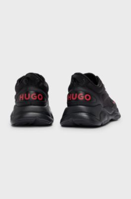 Mixed-material lace-up trainers with faux leather, Black