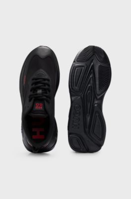 Mixed-material lace-up trainers with faux leather, Black