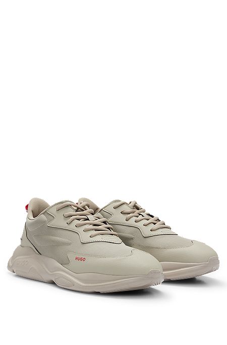 Mixed-material lace-up trainers with faux leather, Light Beige
