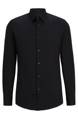 Slim-fit shirt in cotton-blend poplin with stretch, Black
