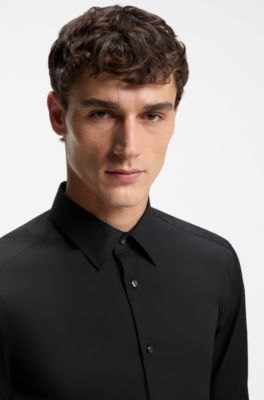 Slim-fit shirt in cotton-blend poplin with stretch, Black
