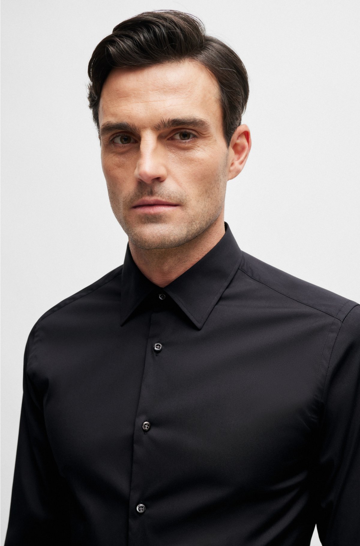 Slim-fit shirt in cotton-blend poplin with stretch, Black