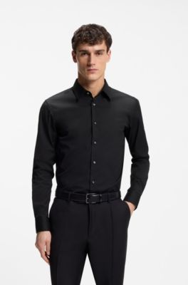 Slim-fit shirt in cotton-blend poplin with stretch, Black