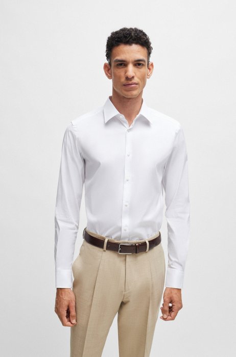 Slim-fit shirt in cotton-blend poplin with stretch, White