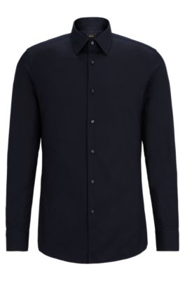Slim-fit shirt in cotton-blend poplin with stretch, Dark Blue