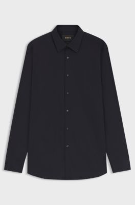 Slim-fit shirt in cotton-blend poplin with stretch, Dark Blue