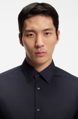 Slim-fit shirt in cotton-blend poplin with stretch, Dark Blue