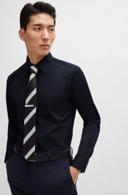 Slim-fit shirt in cotton-blend poplin with stretch, Dark Blue