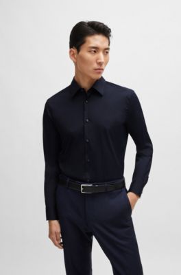 Slim-fit shirt in cotton-blend poplin with stretch, Dark Blue