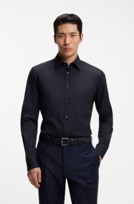 Slim-fit shirt in cotton-blend poplin with stretch, Dark Blue