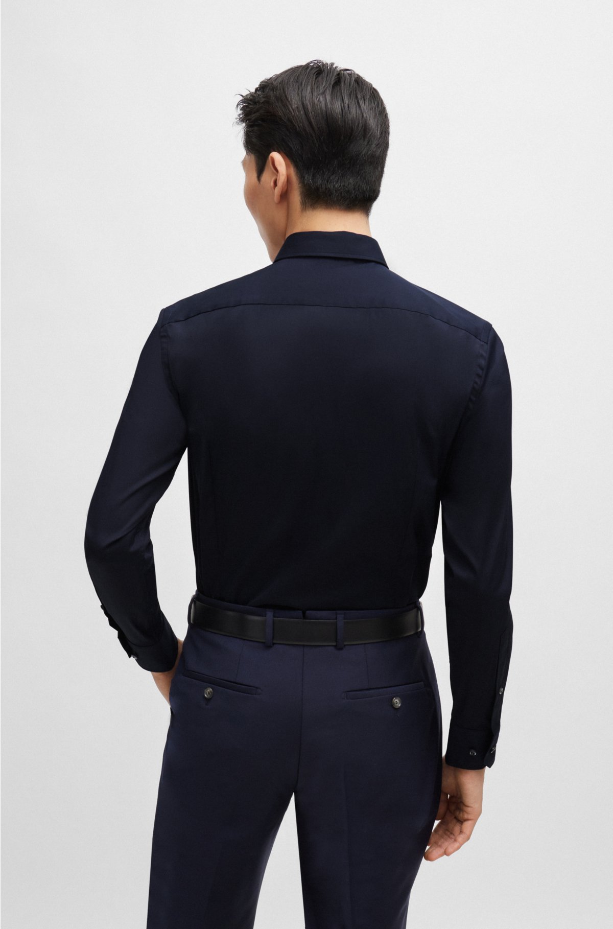 Slim-fit shirt in cotton-blend poplin with stretch, Dark Blue