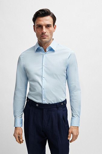 Slim-fit shirt in cotton-blend poplin with stretch, Light Blue