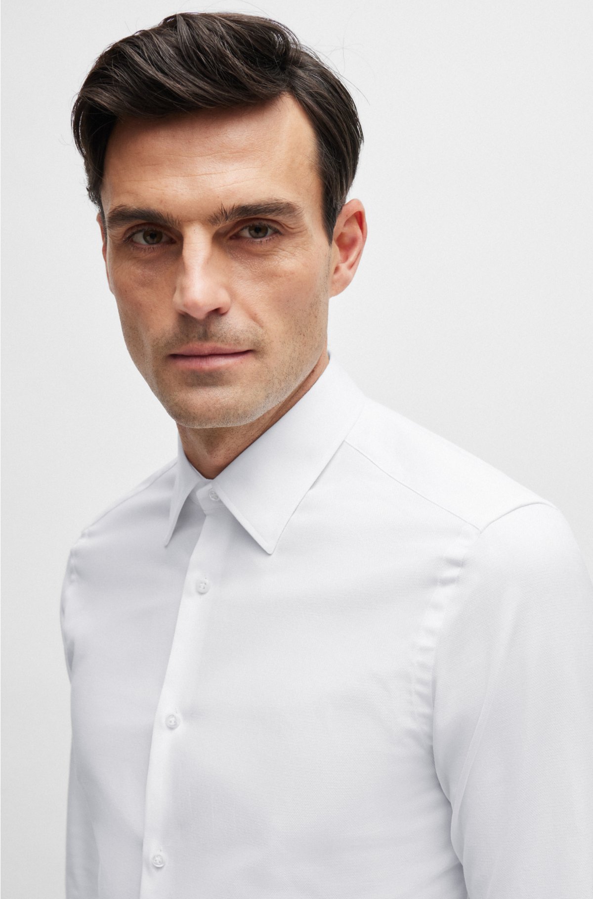 Slim-fit shirt in Italian-made structured stretch cotton, White