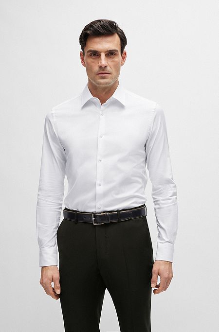 Slim-fit overhemd van Italiaanse stretchkatoen met structuur, Wit