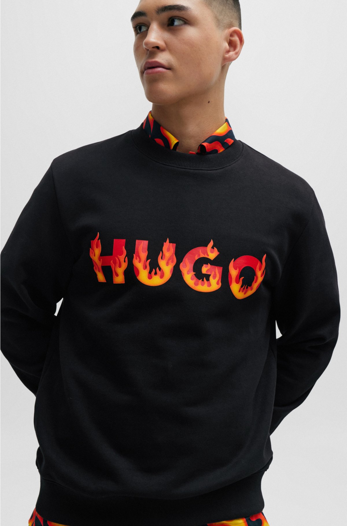 Cotton-terry sweatshirt with puffed flame logo, Black