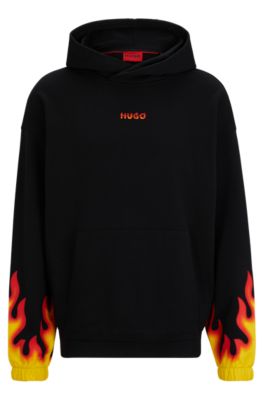 HUGO Cotton terry hoodie with puffed flame logo Black