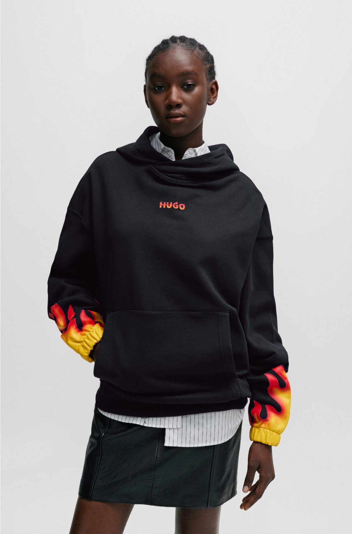 Cotton-terry hoodie with puffed flame logo, Black