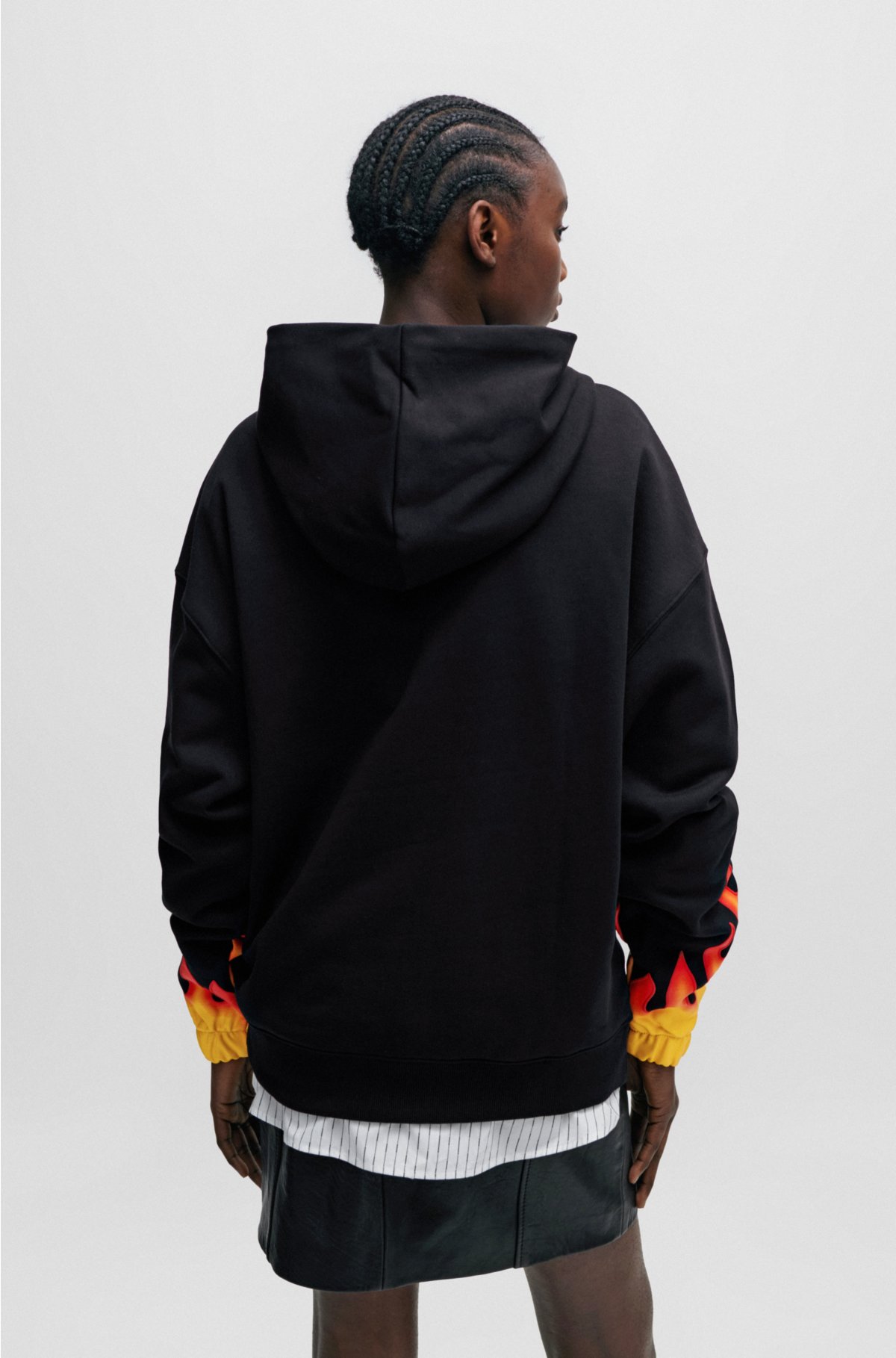 Cotton-terry hoodie with puffed flame logo, Black
