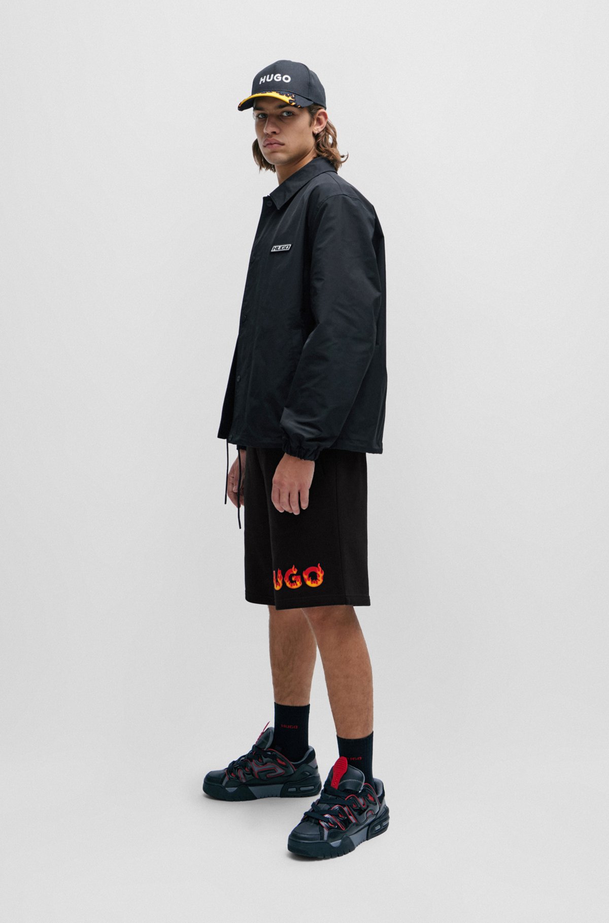 Cotton-terry shorts with puffed flame logo, Black