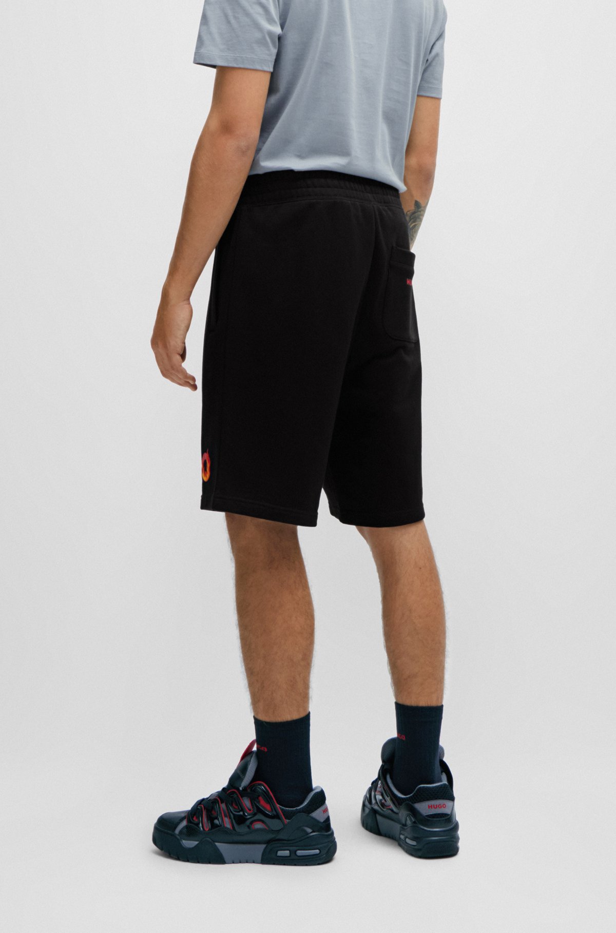 Cotton-terry shorts with puffed flame logo, Black