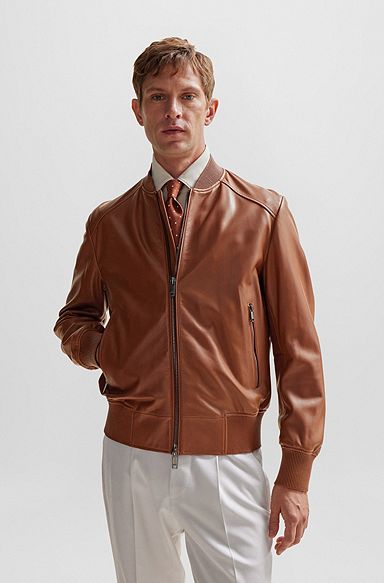 Regular-fit bomber jacket in sheepskin leather, Brown