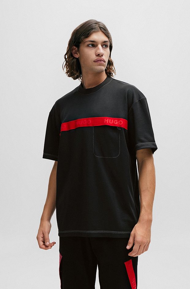 Cotton-blend T-shirt with red logo tape, Black