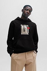 Relaxed-fit hoodie in French terry with dog artwork, Black