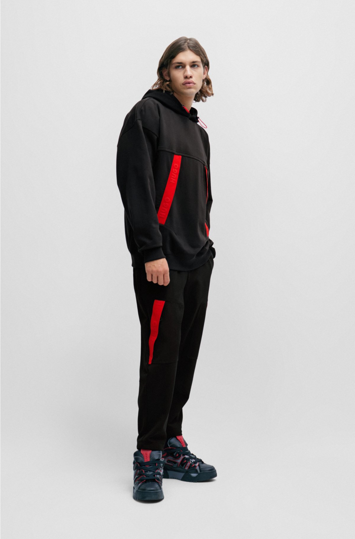 Oversized-fit hoodie with red logo tape, Black