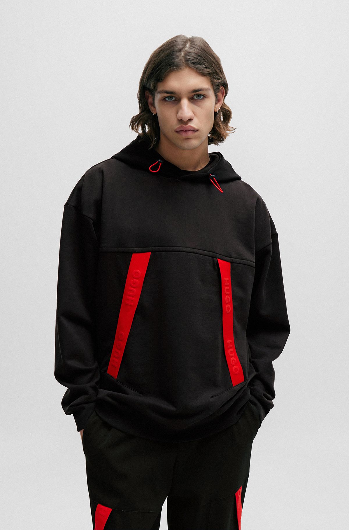 Oversized-fit hoodie with red logo tape, Black