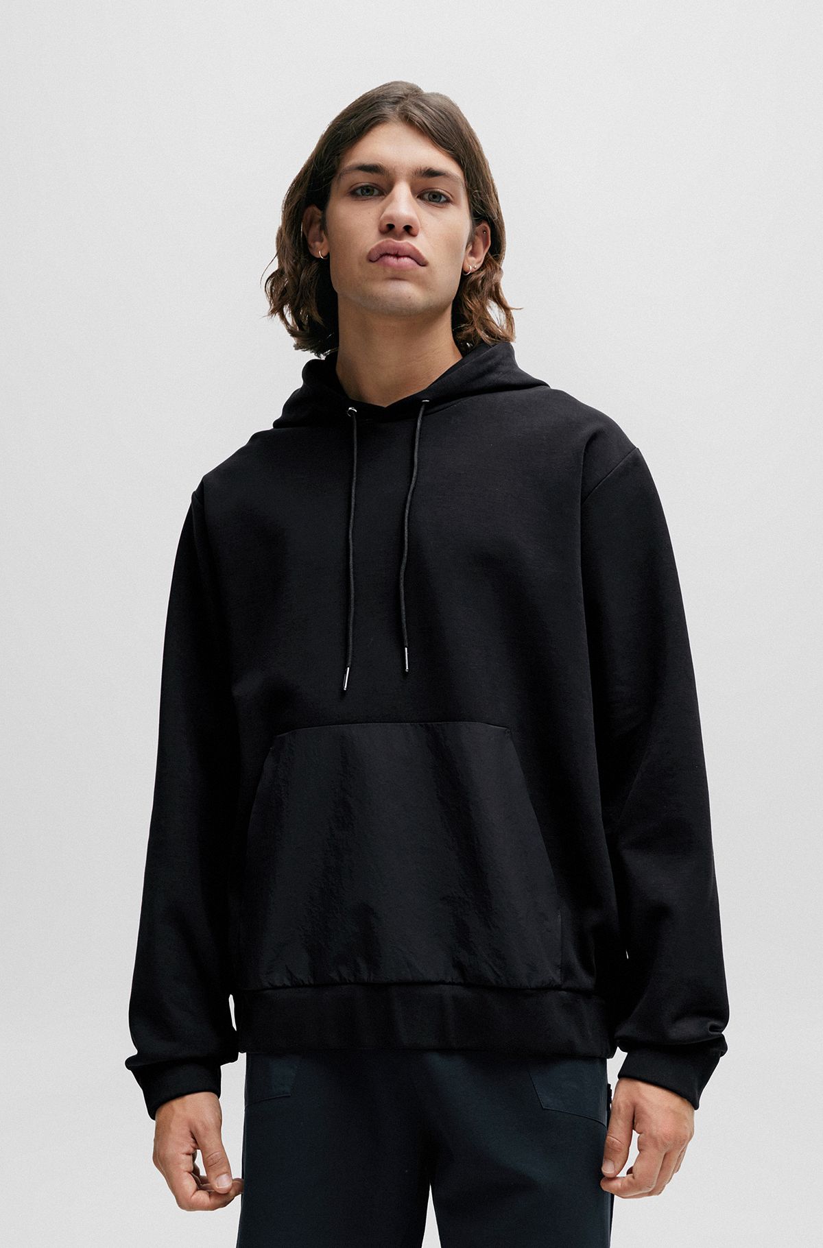 Relaxed-fit hoodie in stretch cotton with contrast pocket, Black