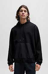 Relaxed-fit hoodie in stretch cotton with contrast pocket, Black