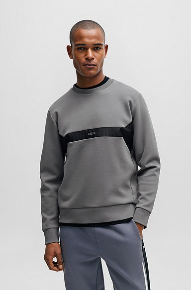 Regular-fit sweater met logoprint in een materiaalmix, Grijs
