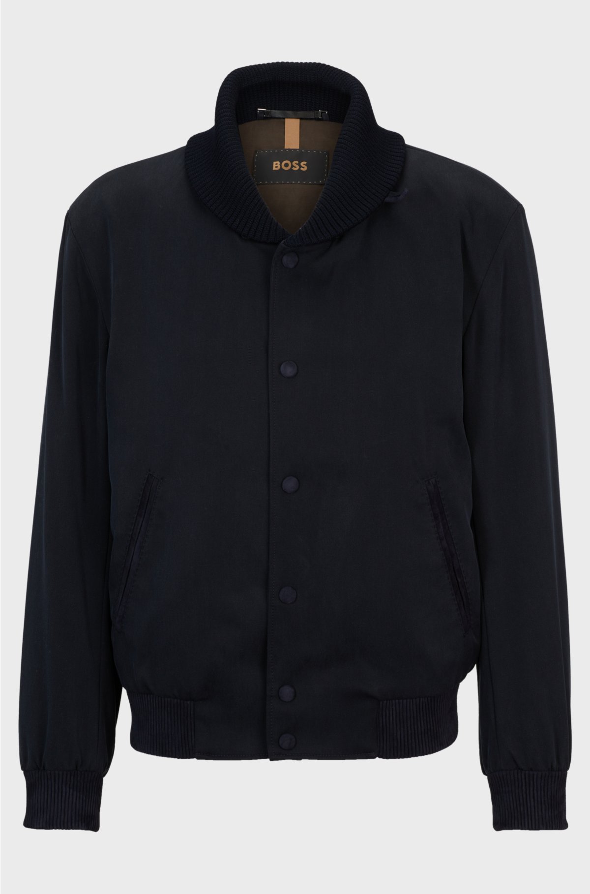 Regular-fit jacket in silk twill with tonal trims, Dark Blue
