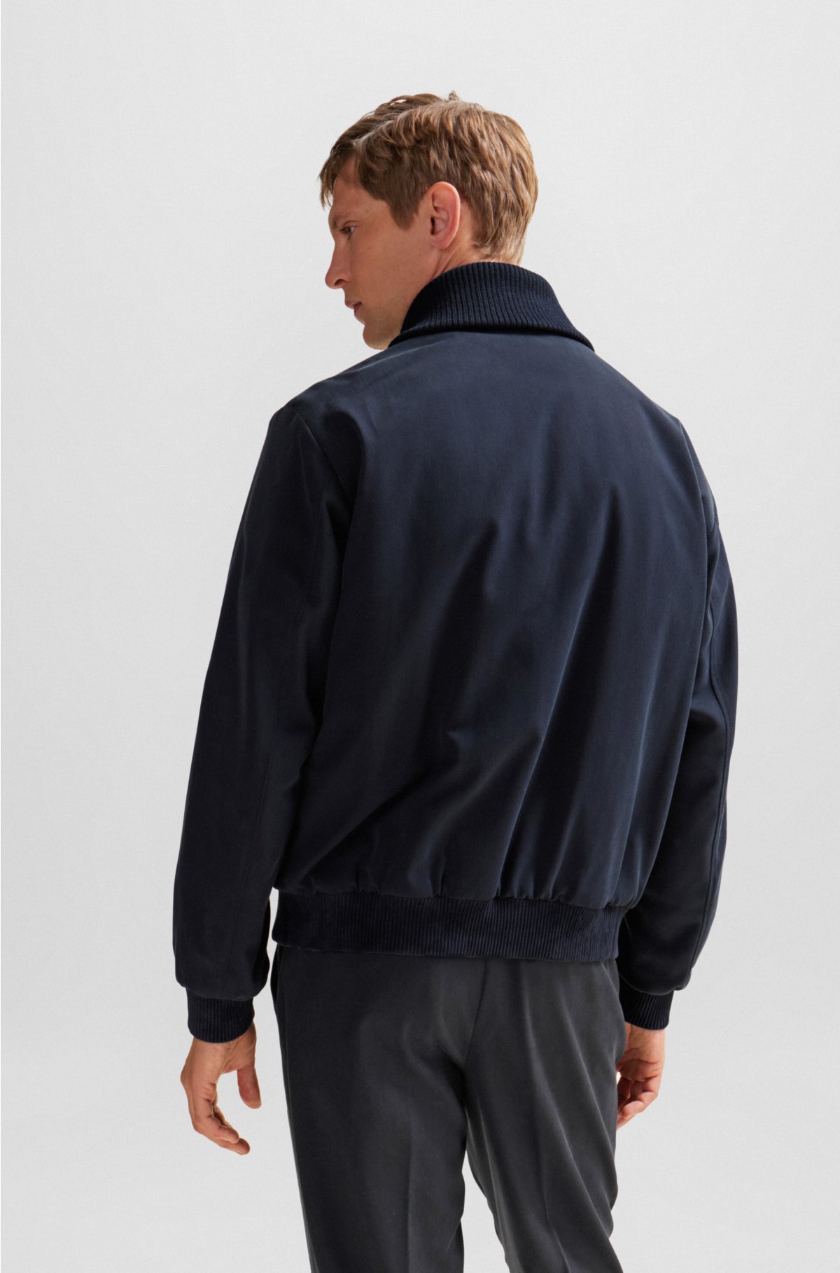 Regular-fit jacket in silk twill with tonal trims, Dark Blue
