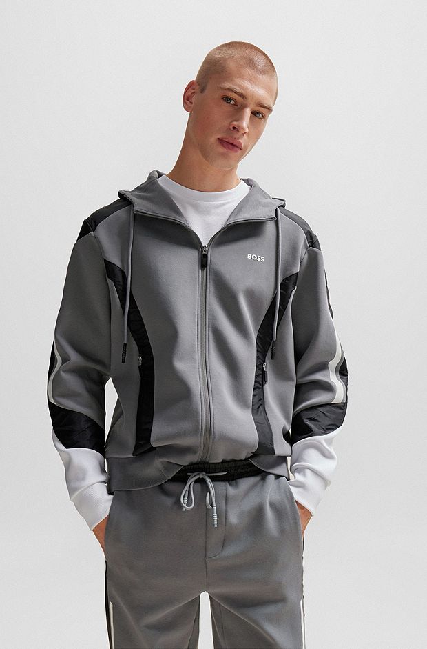 Mixed-material relaxed-fit hoodie with logo print, Grey