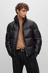 Down-filled jacket in leather with detachable sleeves, Black