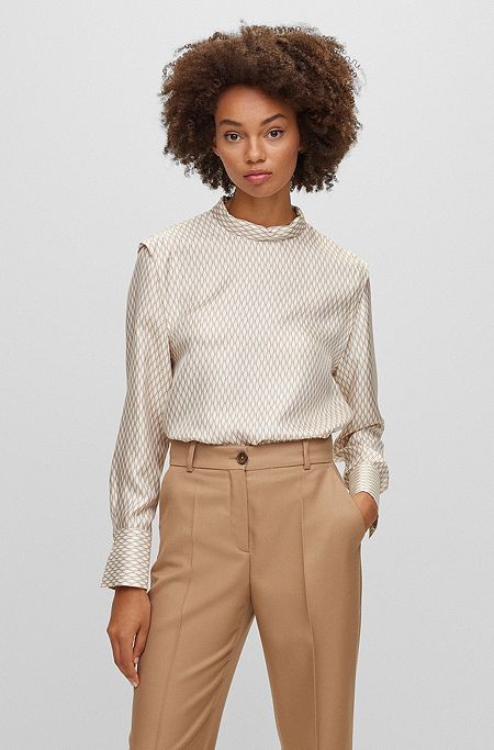 Relaxed-fit blouse in printed silk, Beige