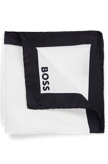 Silk pocket square with border and logo, White / Black