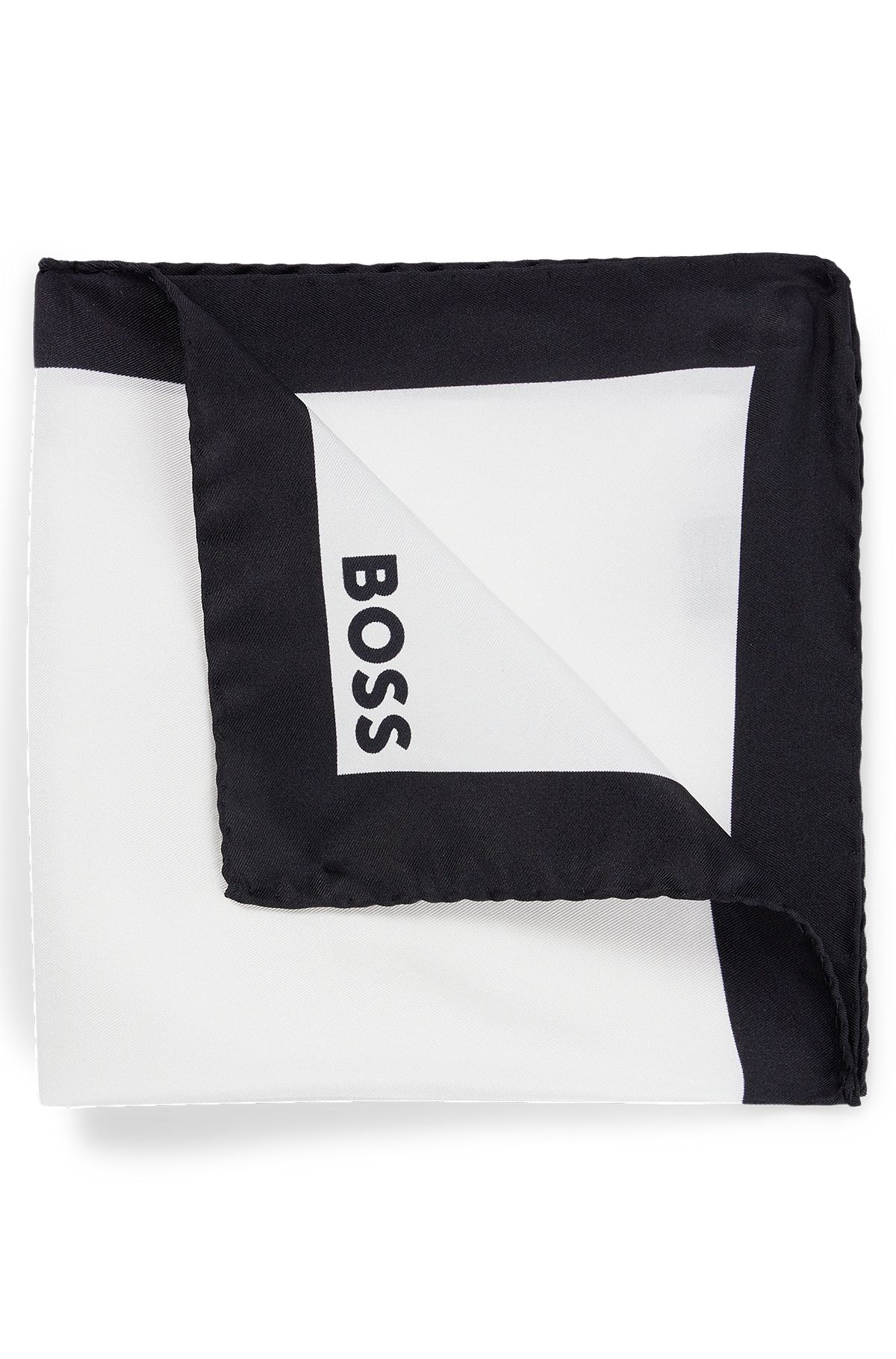 Pochet van zijde met rand en logo, Wit / Zwart