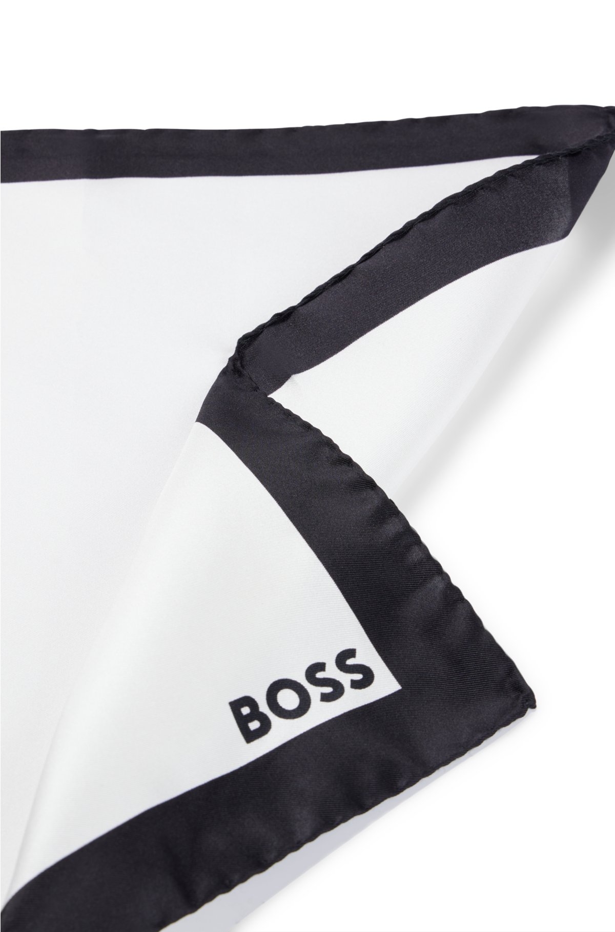 Silk pocket square with border and logo, White / Black