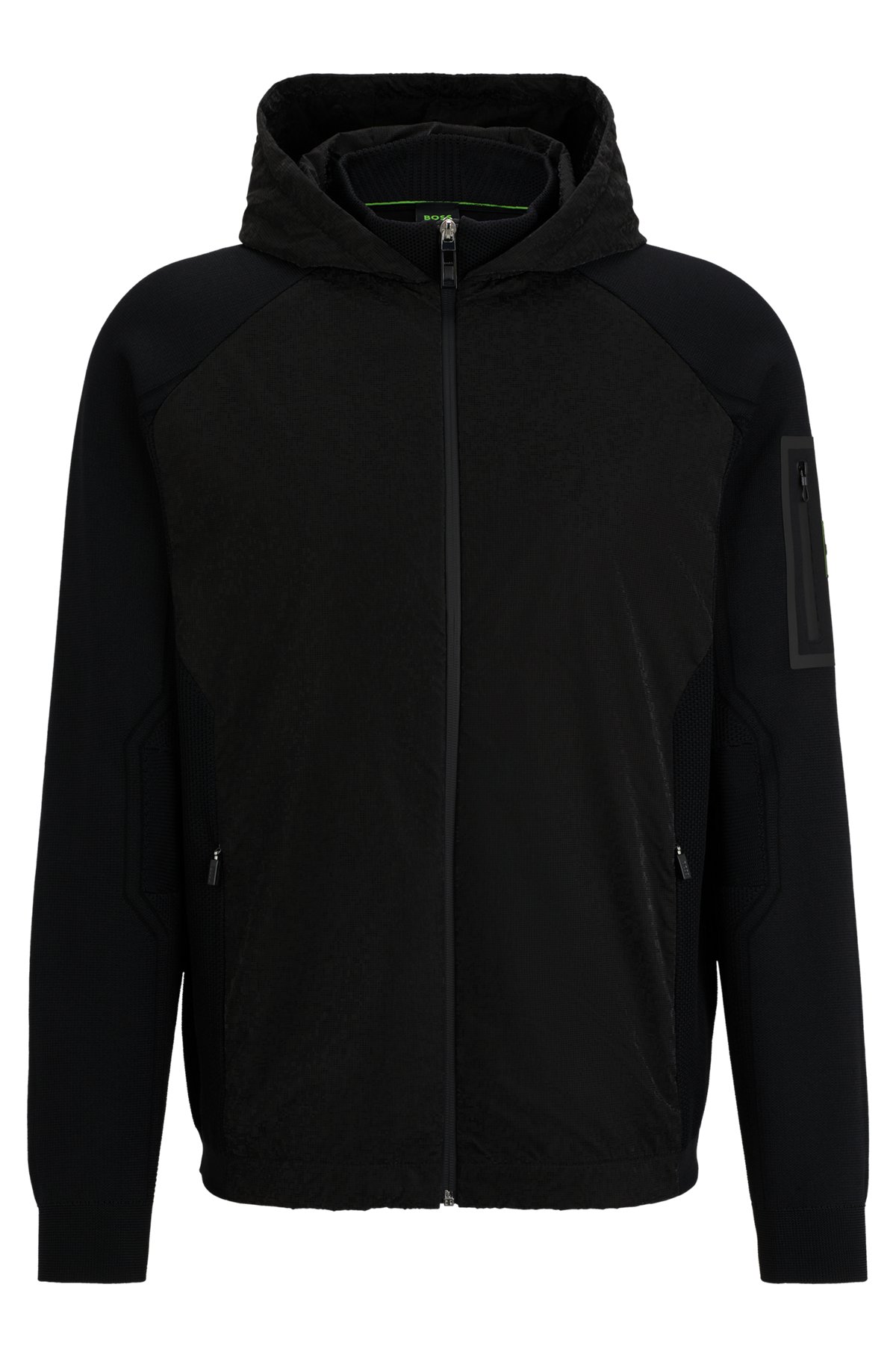 BOSS - Mixed-material zip-up hoodie with signature sleeve pocket