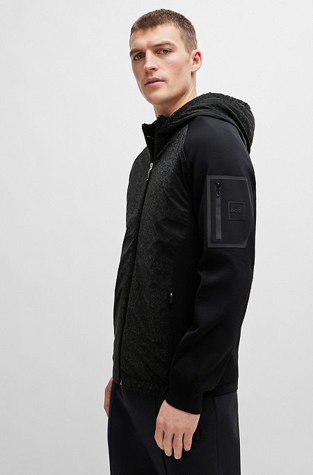 Mixed-material zip-up hoodie with signature sleeve pocket , Black