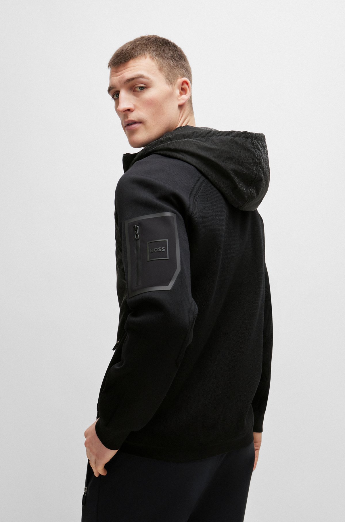 BOSS - Mixed-material zip-up hoodie with signature sleeve pocket