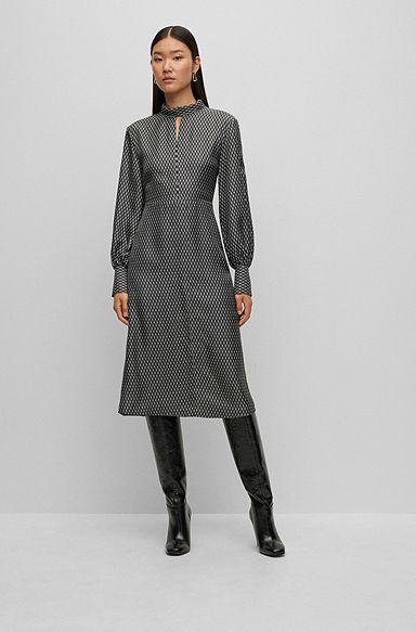 Long-sleeved dress in printed silk, Grey Patterned