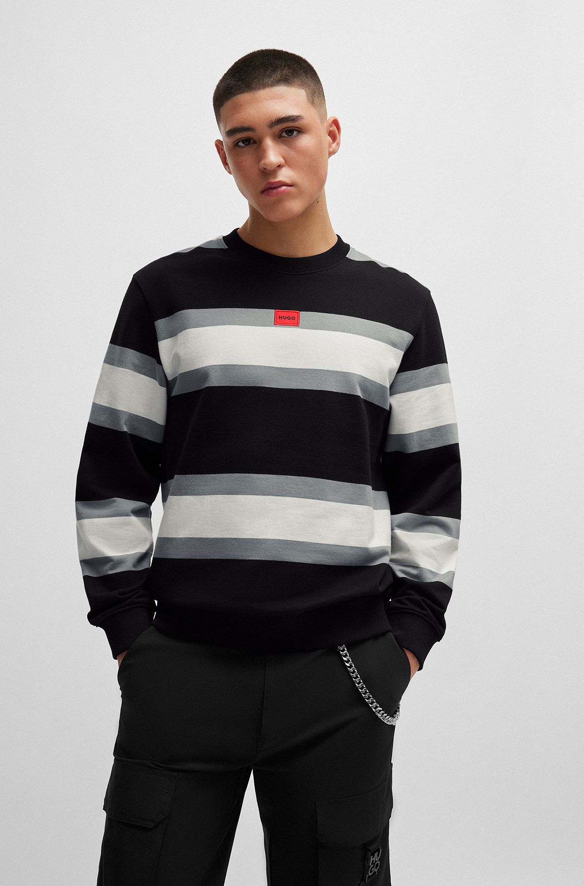 Cotton sweatshirt with block stripes and red logo label, Black